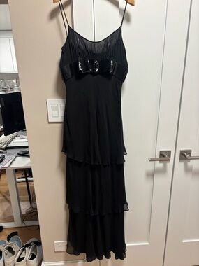 Miu Miu tiered evening gown with black sequin bow
